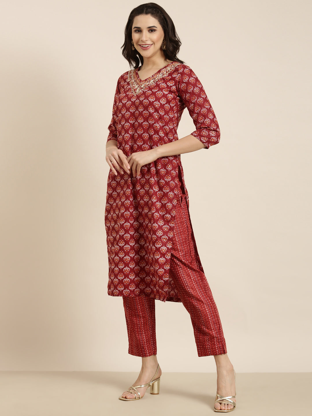 Women Straight Maroon Ethnic Motifs Kurta and Trousers Set Comes With Dupatta