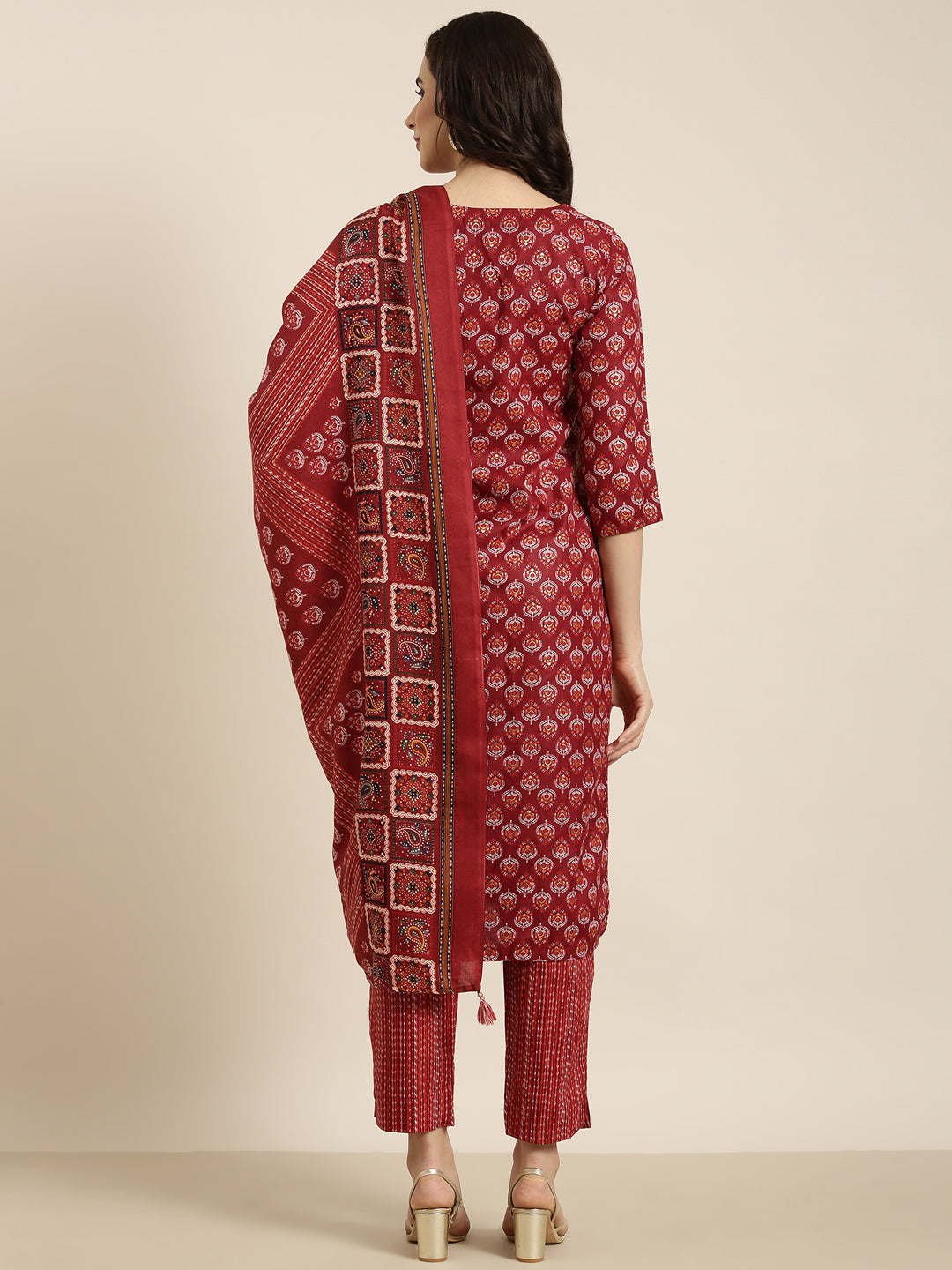 Women Straight Maroon Ethnic Motifs Kurta and Trousers Set Comes With Dupatta