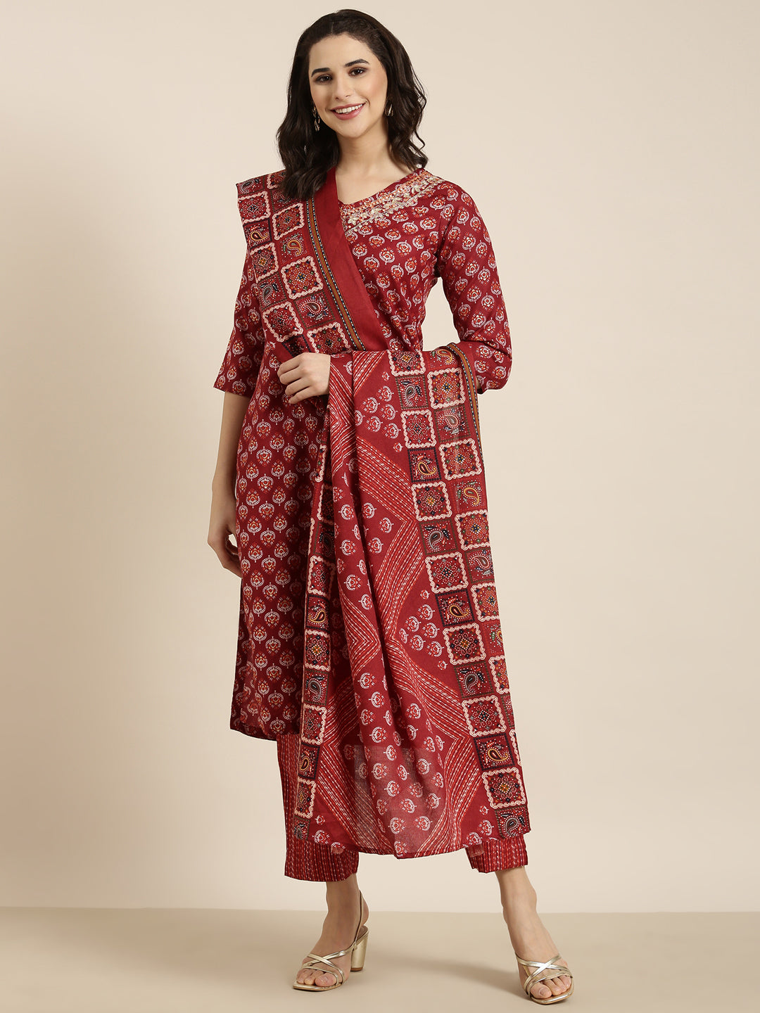 Women Straight Maroon Ethnic Motifs Kurta and Trousers Set Comes With Dupatta