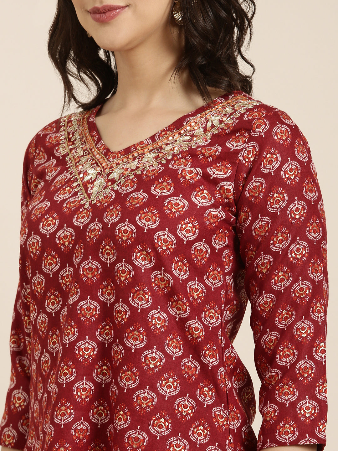 Women Straight Maroon Ethnic Motifs Kurta and Trousers Set Comes With Dupatta