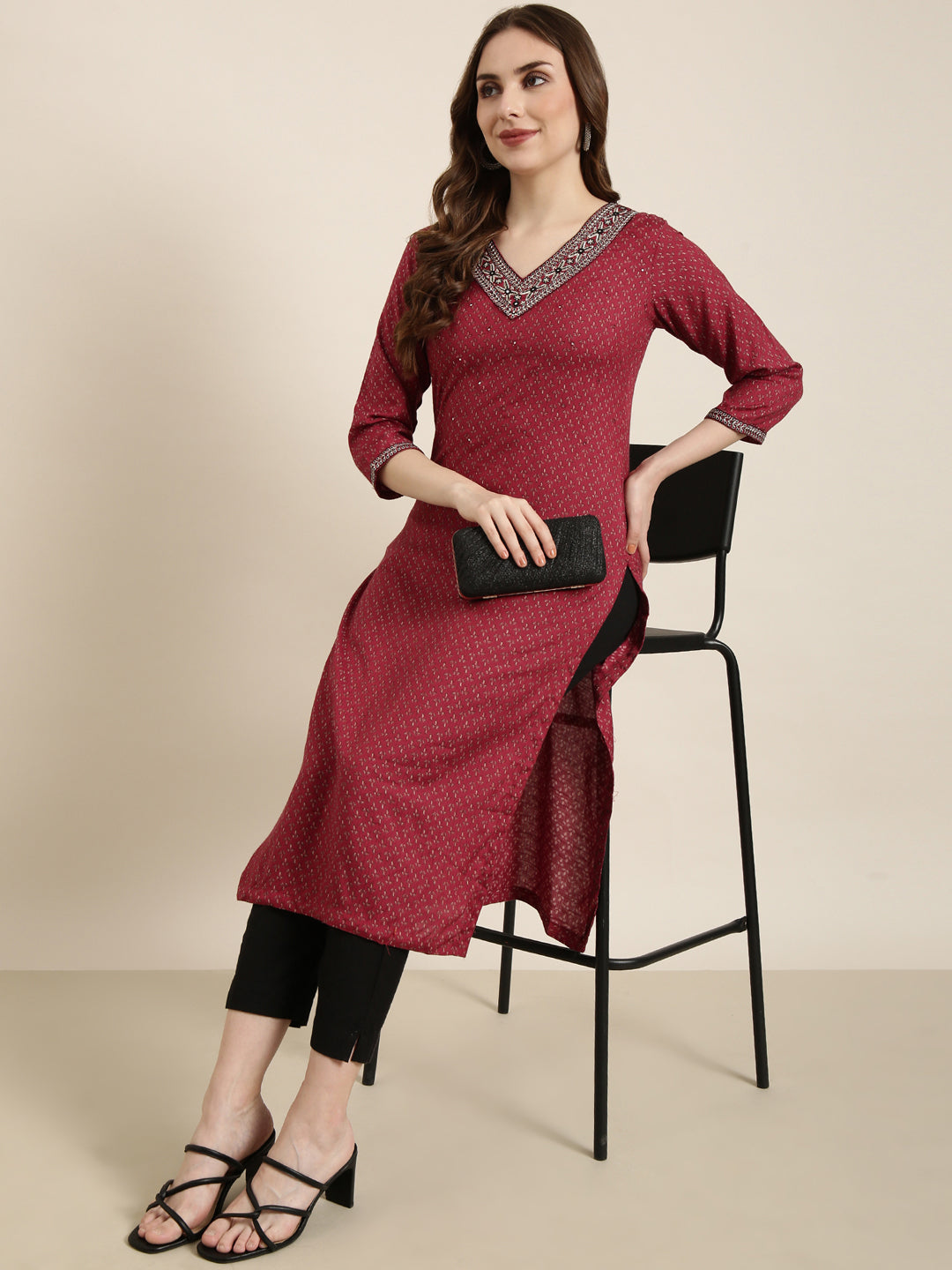 Women Straight Maroon Floral Kurta