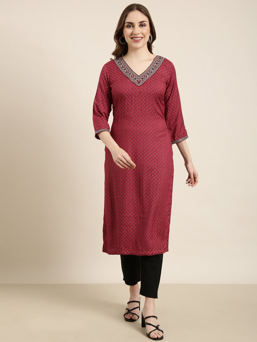 Women Straight Maroon Floral Kurta