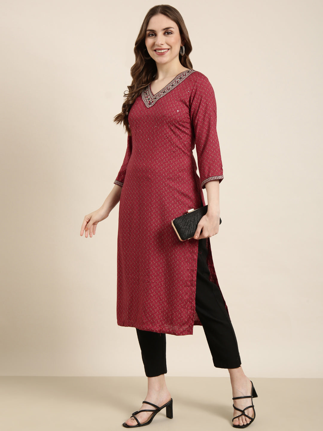 Women Straight Maroon Floral Kurta