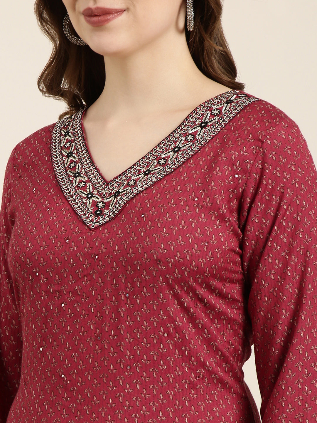 Women Straight Maroon Floral Kurta