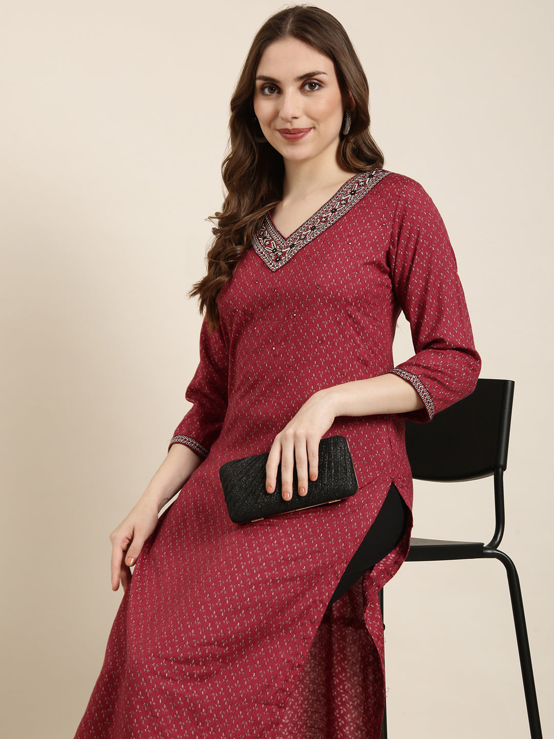 Women Straight Maroon Floral Kurta