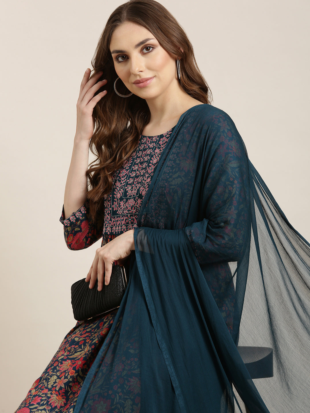 Women A-Line Teal Floral Kurta and Trousers Set Comes With Dupatta