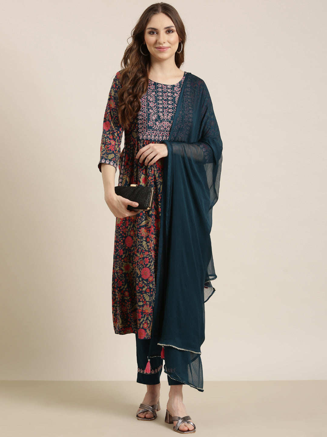 Women A-Line Teal Floral Kurta and Trousers Set Comes With Dupatta