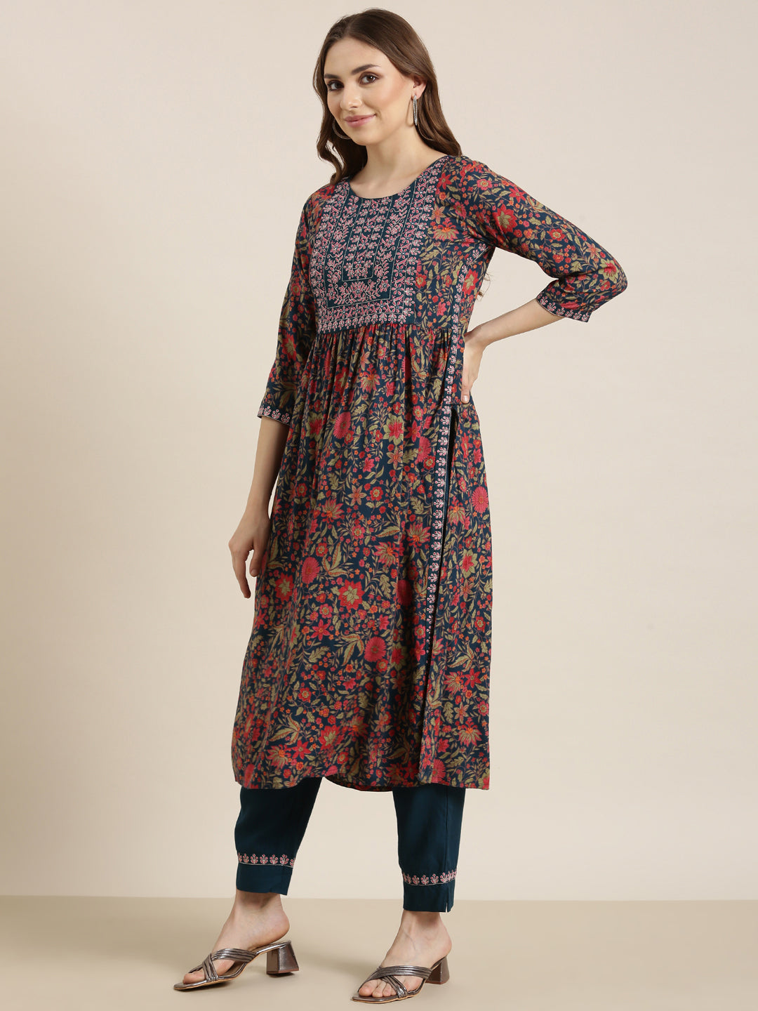 Women A-Line Teal Floral Kurta and Trousers Set Comes With Dupatta