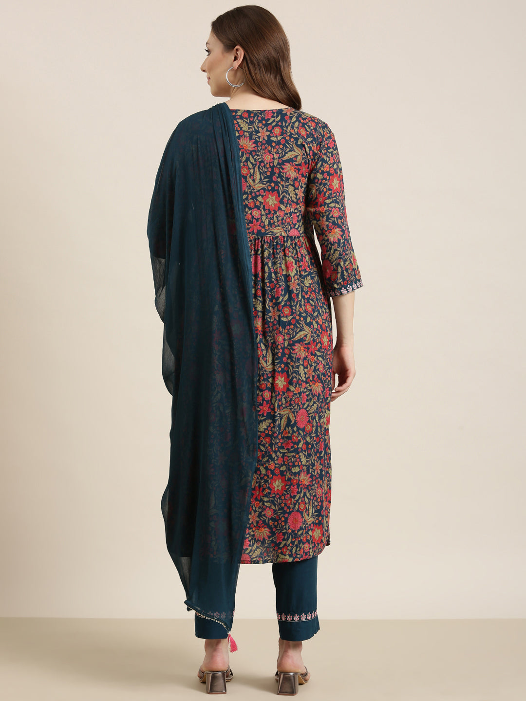 Women A-Line Teal Floral Kurta and Trousers Set Comes With Dupatta