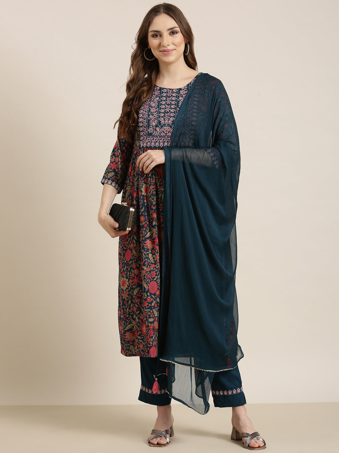 Women A-Line Teal Floral Kurta and Trousers Set Comes With Dupatta