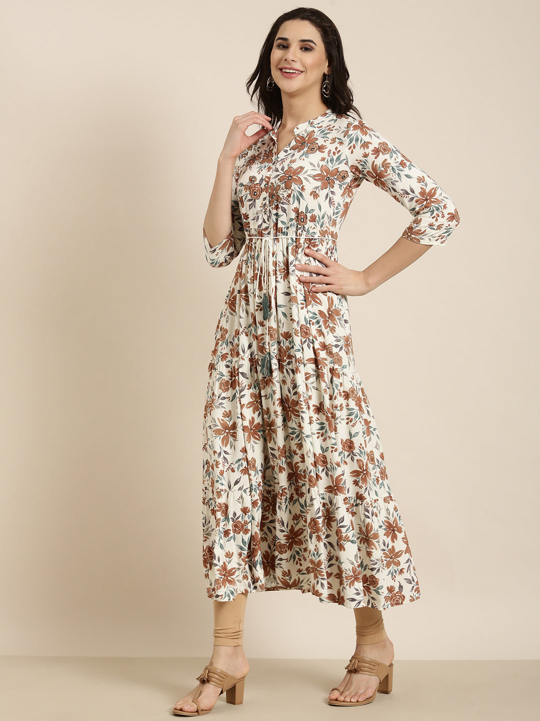 Women Anarkali Cream Floral Kurta