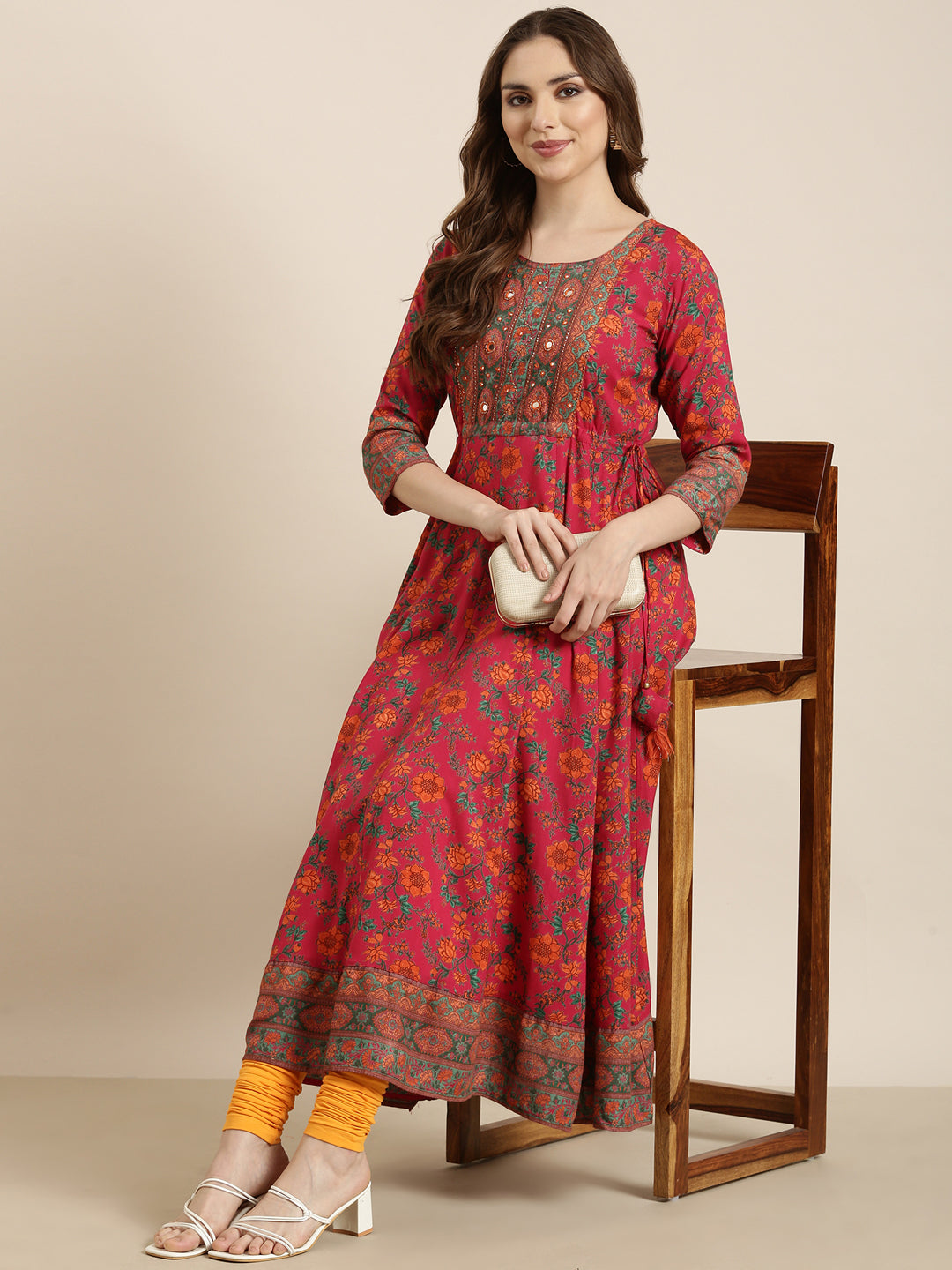 Women's Floral Anarkali Pink Kurta