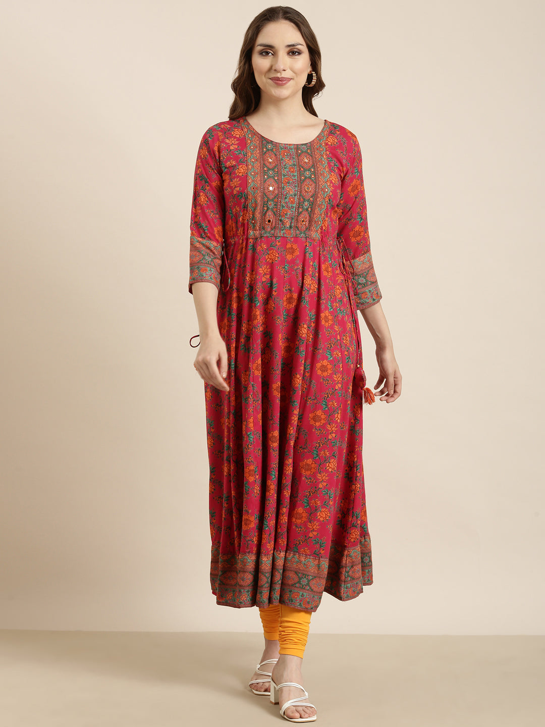 Women's Floral Anarkali Pink Kurta