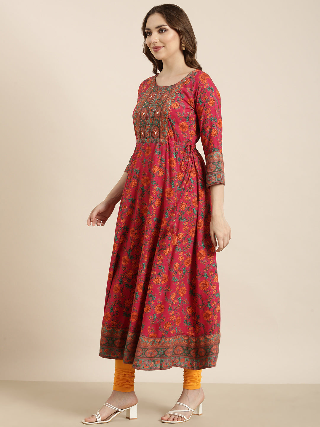 Women's Floral Anarkali Pink Kurta