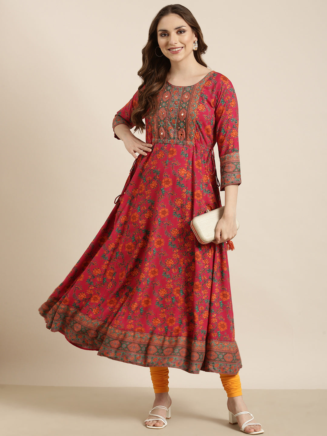 Women's Floral Anarkali Pink Kurta