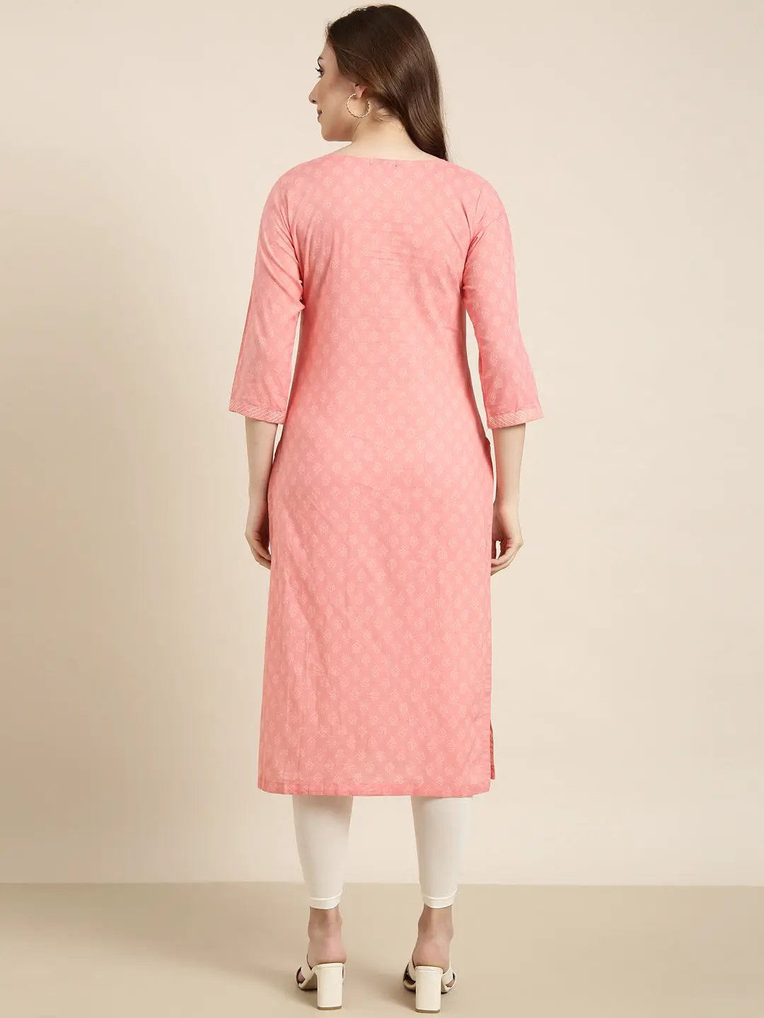 Women's Straight Peach Ethnic Motifs Kurta