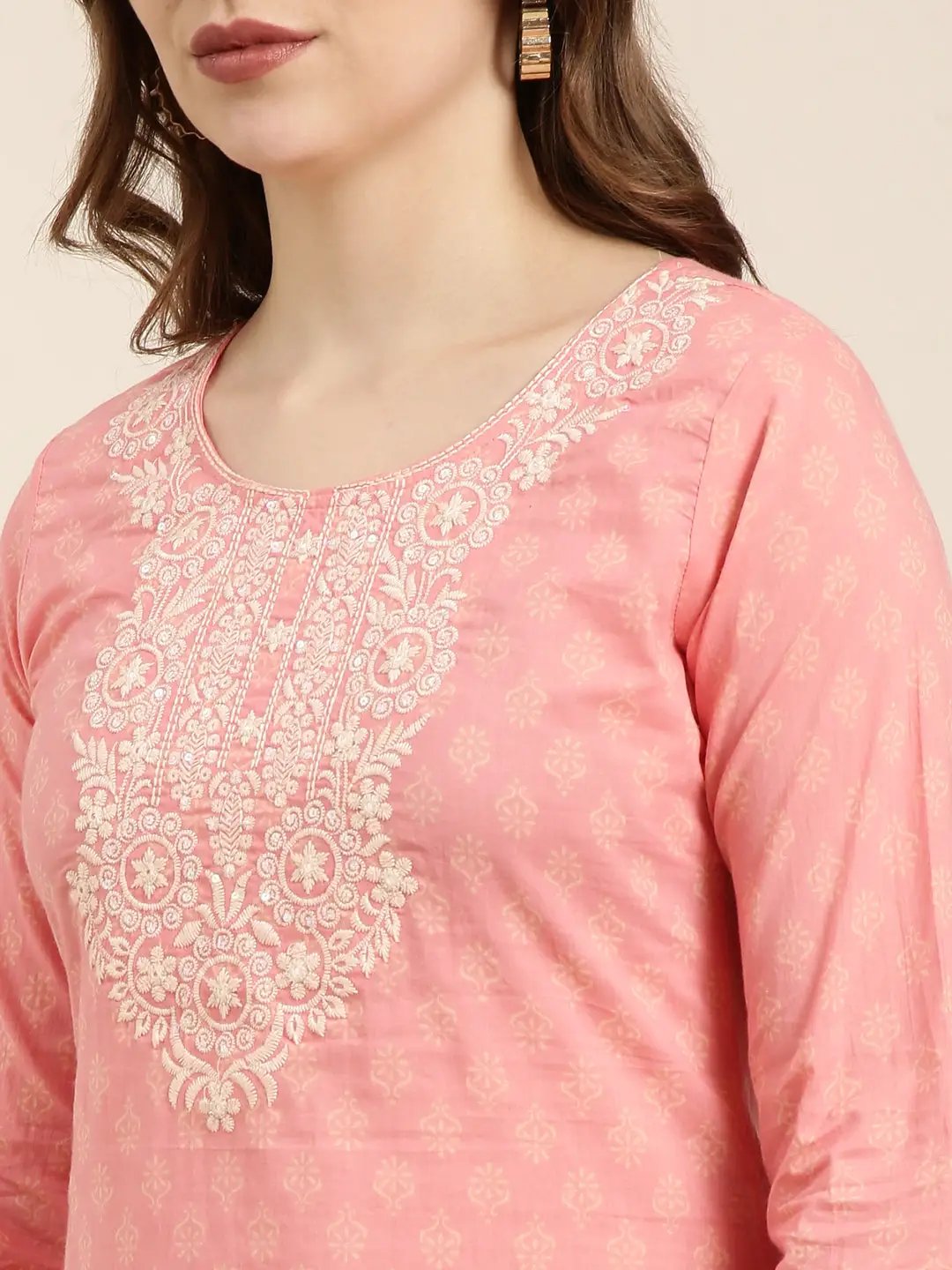 Women's Straight Peach Ethnic Motifs Kurta