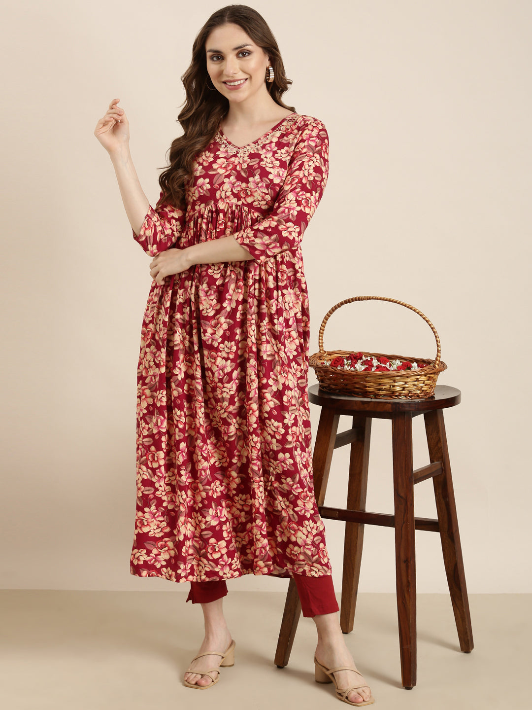 Women Anarkali Pink Floral Kurta