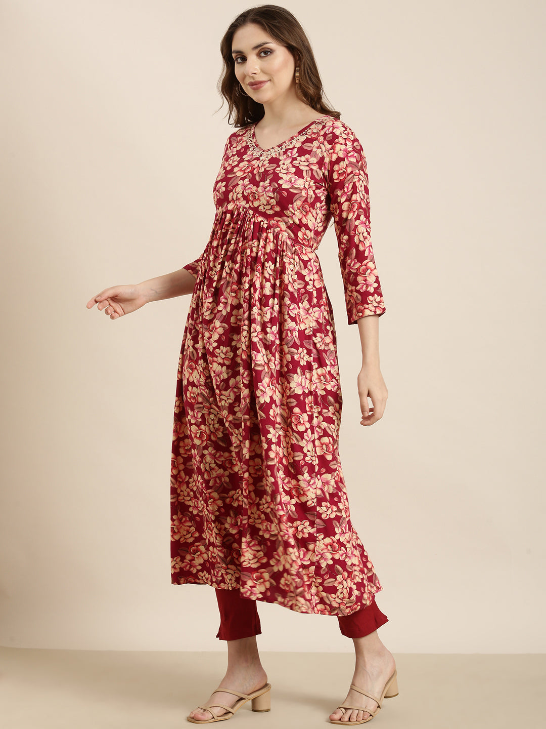 Women Anarkali Pink Floral Kurta