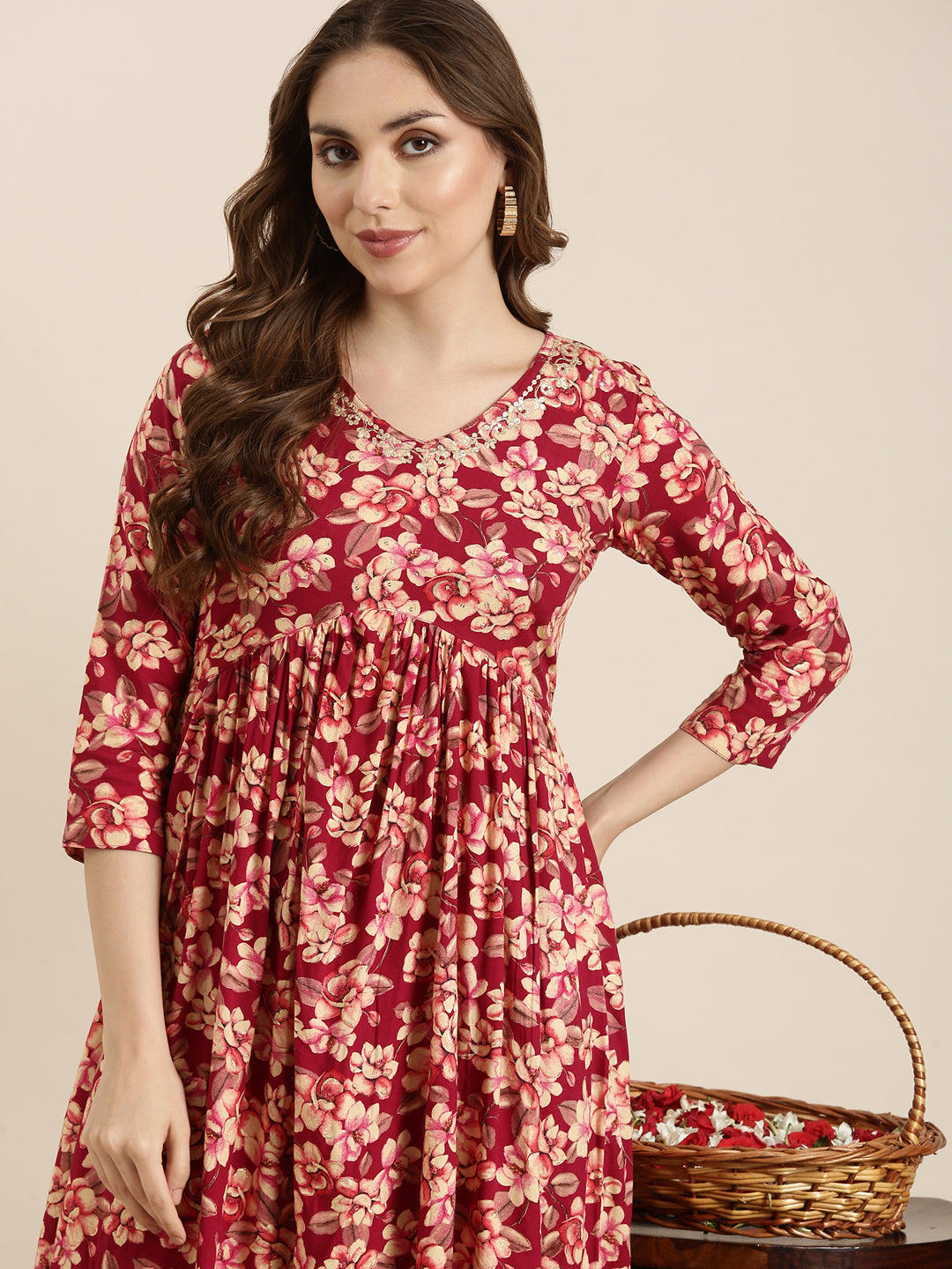 Women Anarkali Pink Floral Kurta