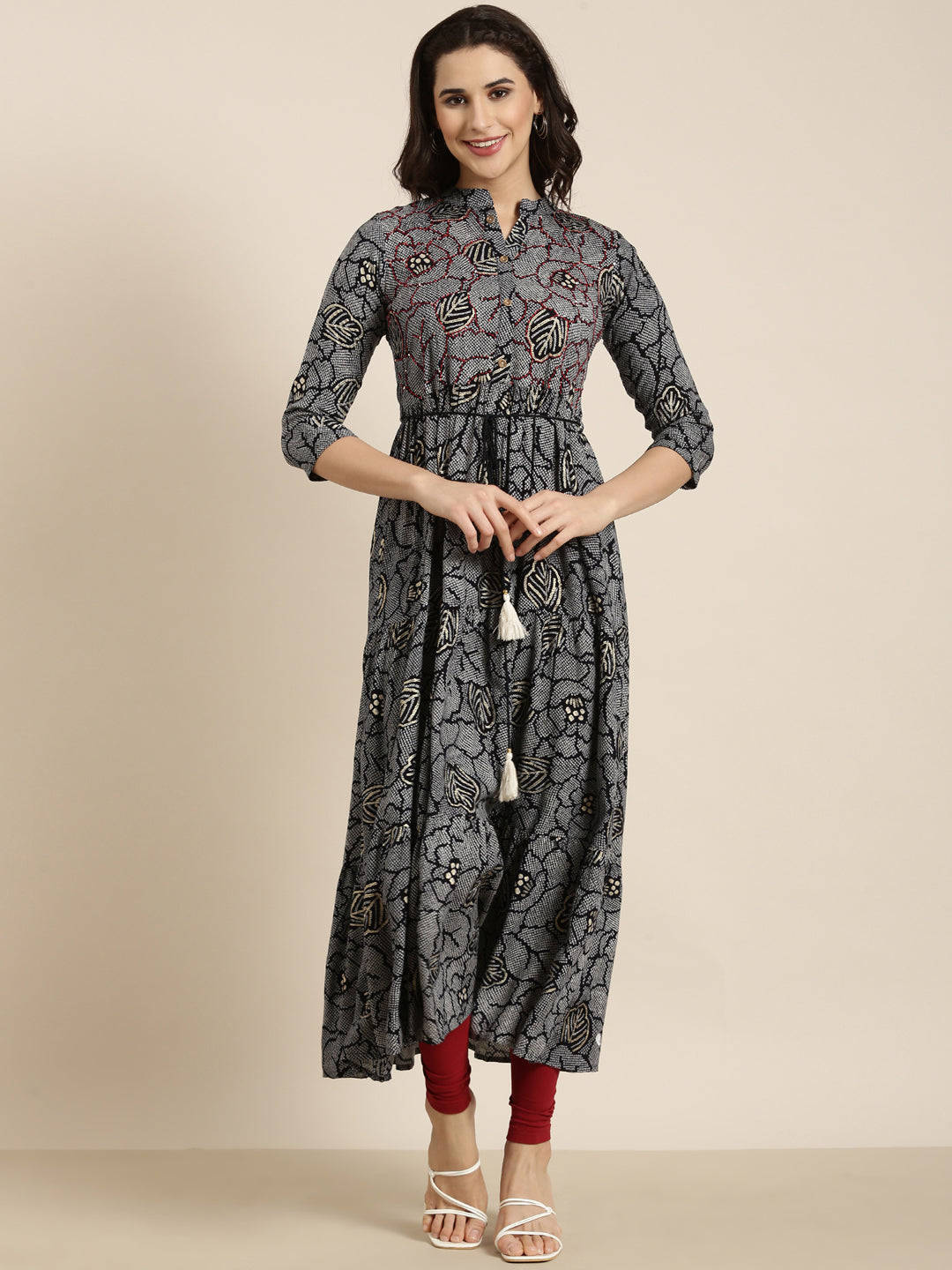 Women Anarkali Navy Blue Bandhani Kurta