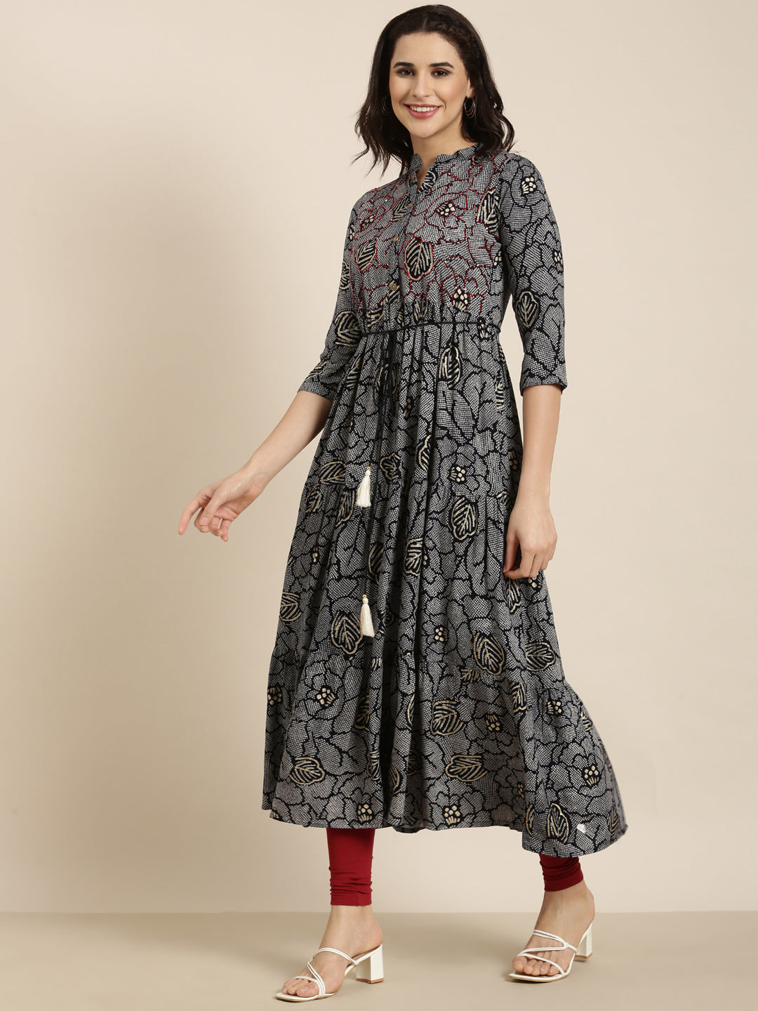 Women Anarkali Navy Blue Bandhani Kurta