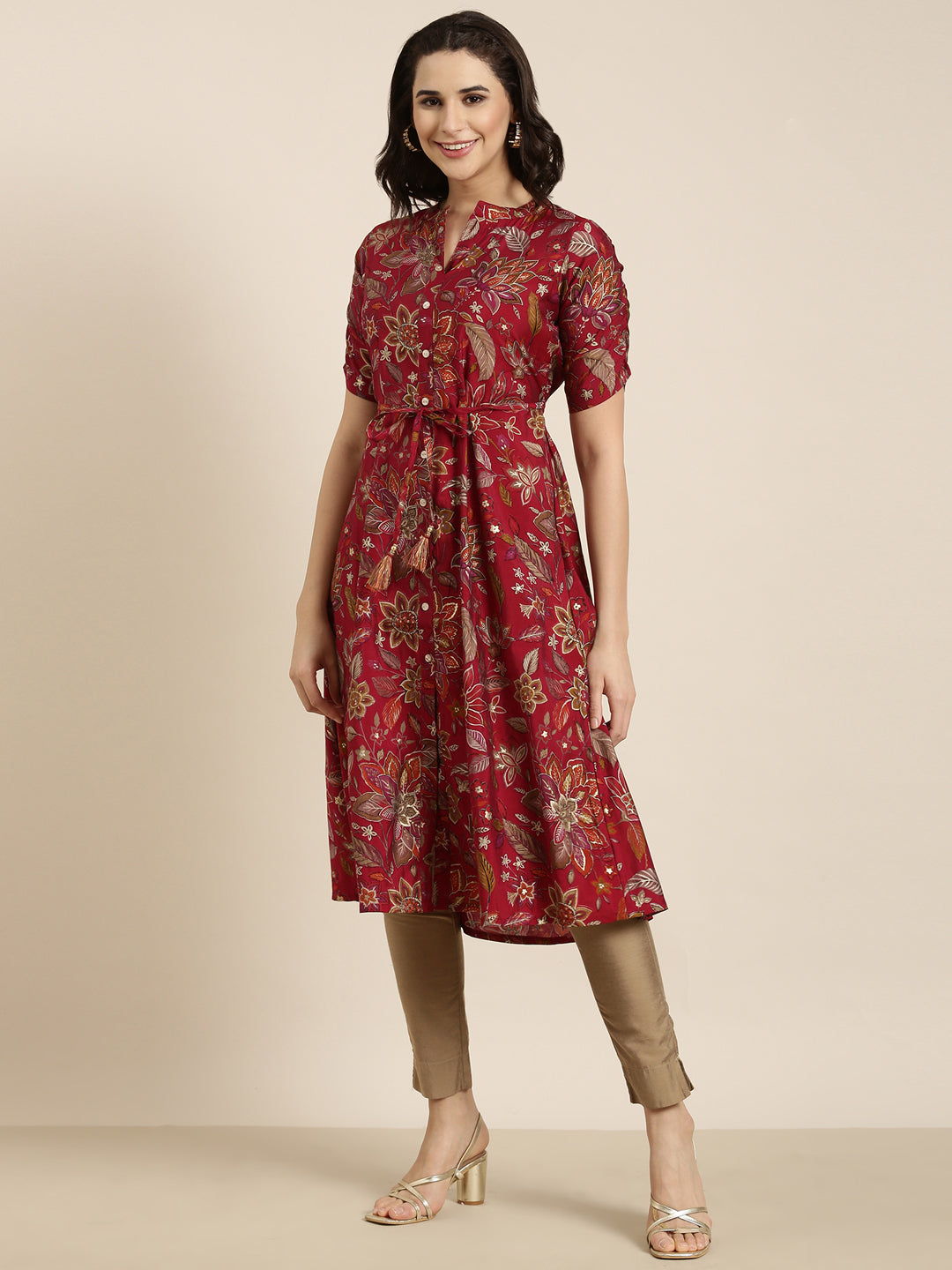 Women A-Line Maroon Floral Kurta