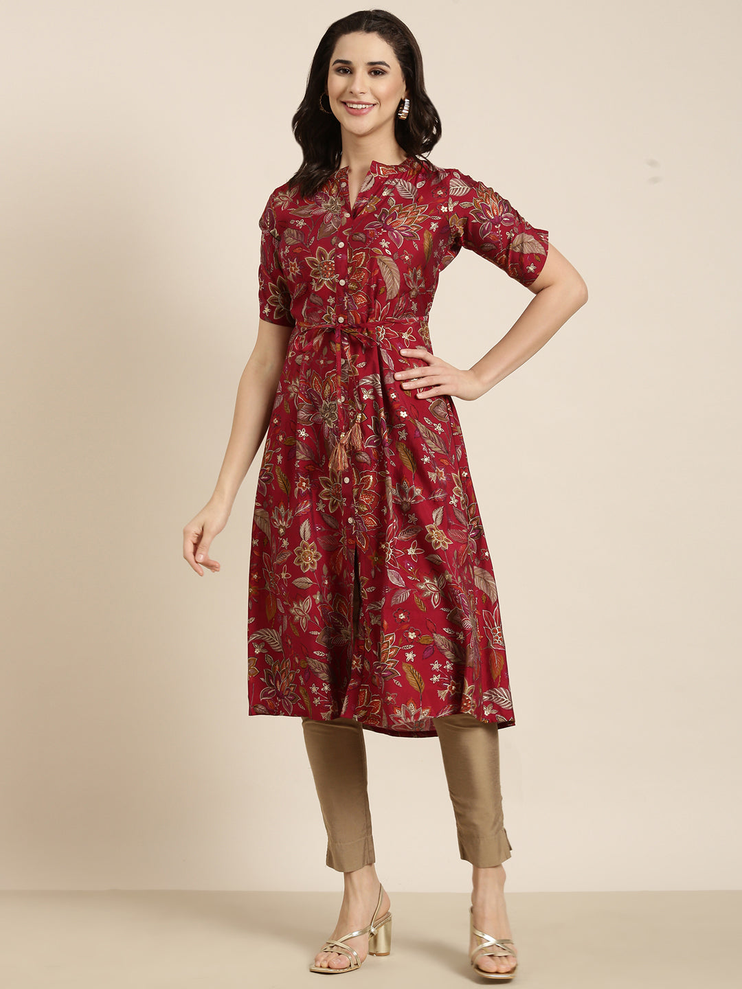 Women A-Line Maroon Floral Kurta