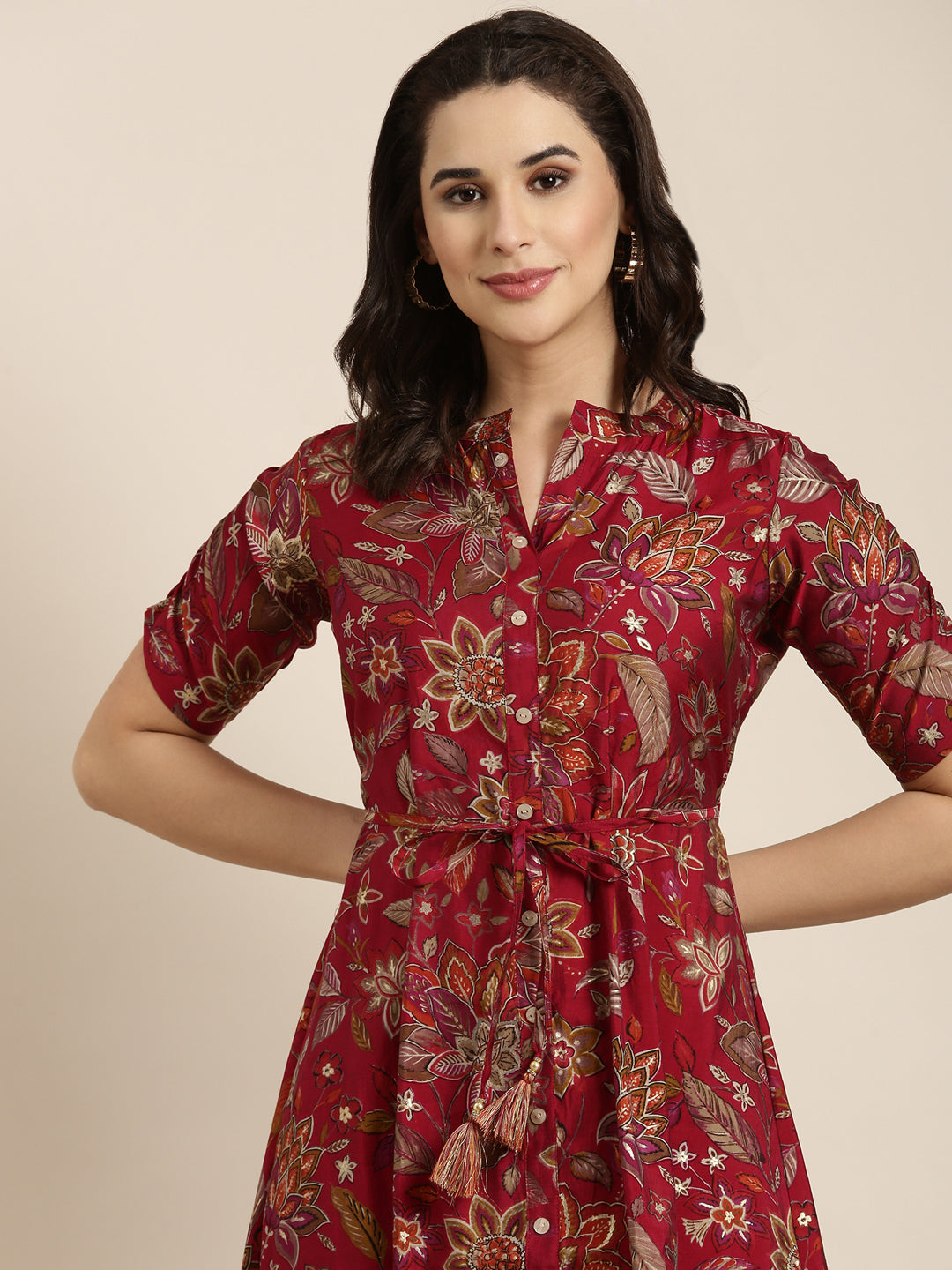 Women A-Line Maroon Floral Kurta