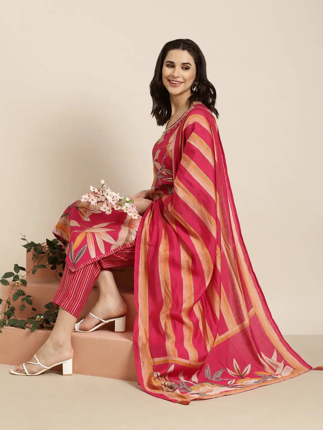 Women's Straight Pink Floral Printed Kurta Sets with Trousers & Dupatta
