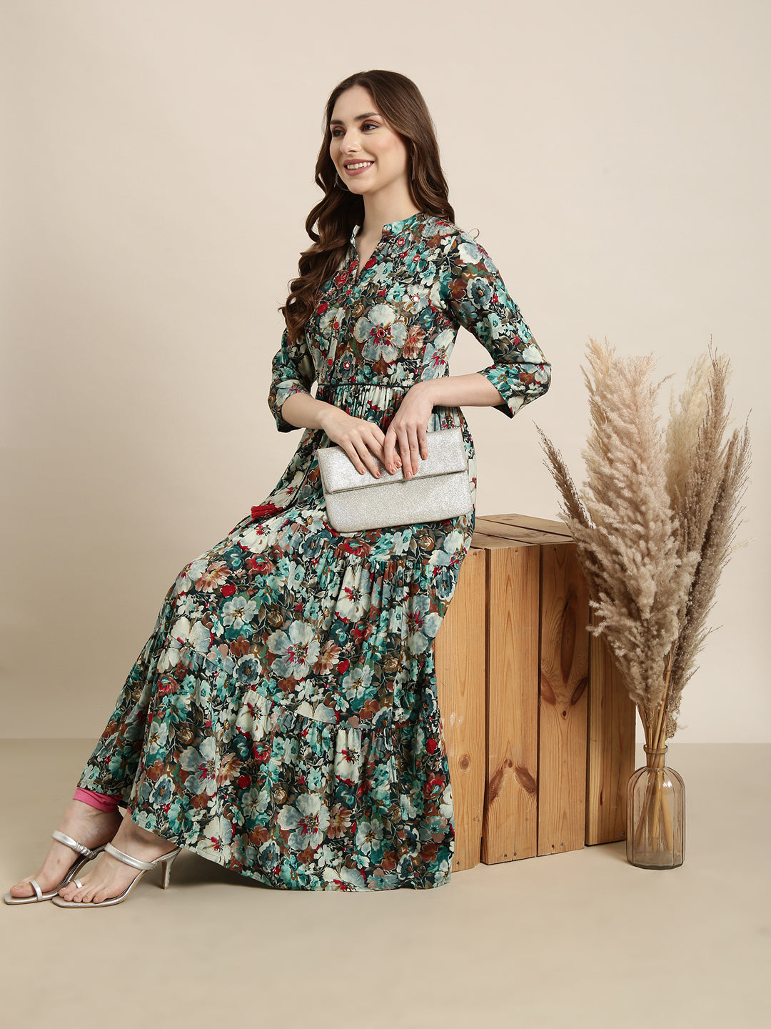 Women Anarkali Teal Floral Kurta