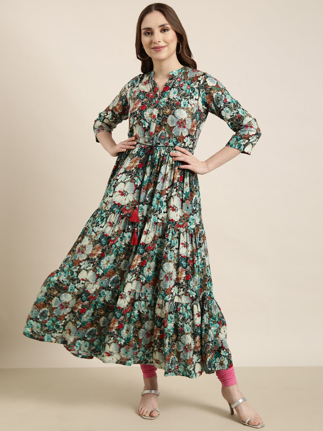 Women Anarkali Teal Floral Kurta