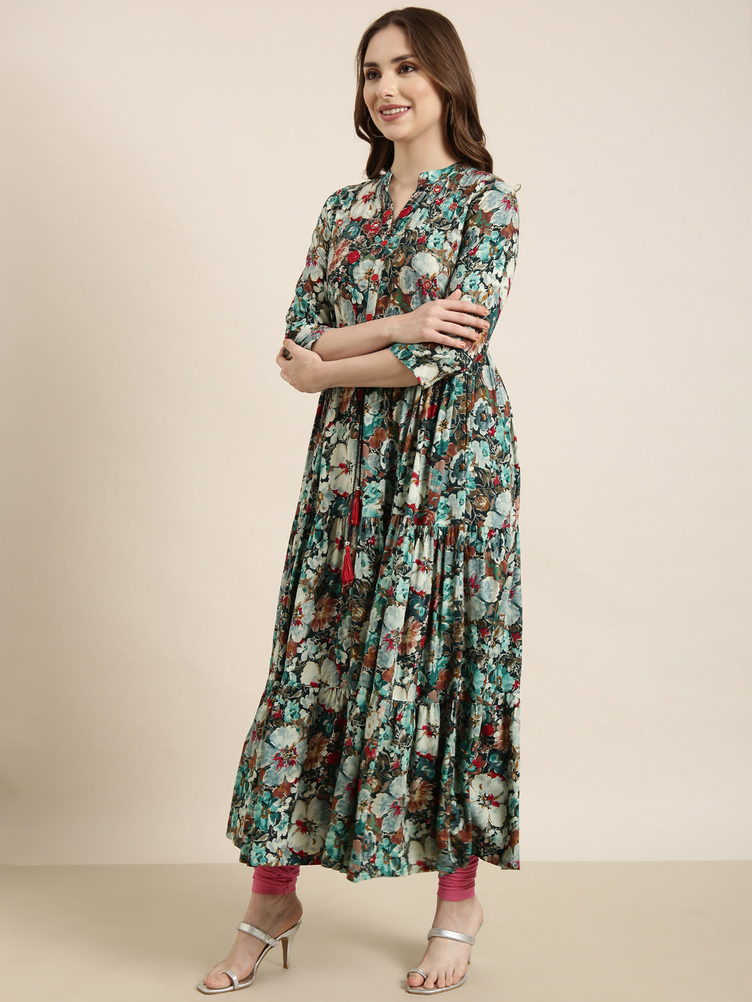 Women Anarkali Teal Floral Kurta