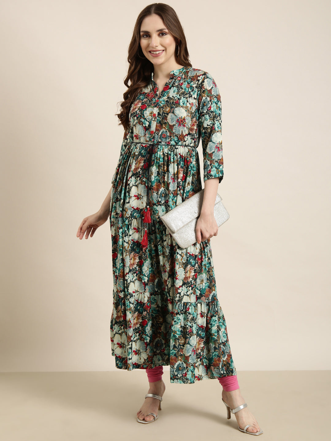 Women Anarkali Teal Floral Kurta