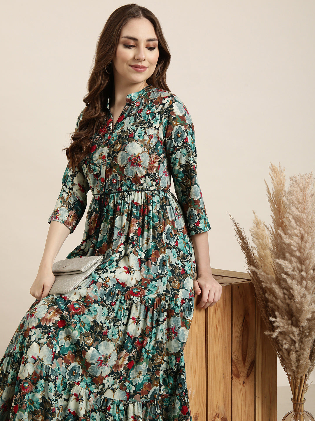 Women Anarkali Teal Floral Kurta