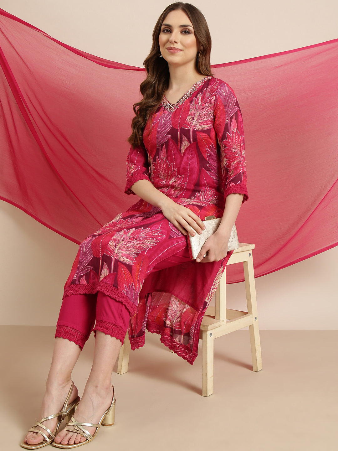 Women's Straight Pink Floral Kurta and Trousers Set Comes With Dupatta