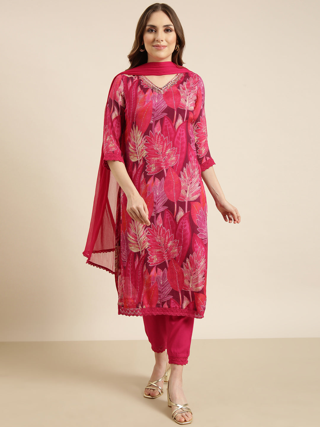 Women's Straight Pink Floral Kurta and Trousers Set Comes With Dupatta