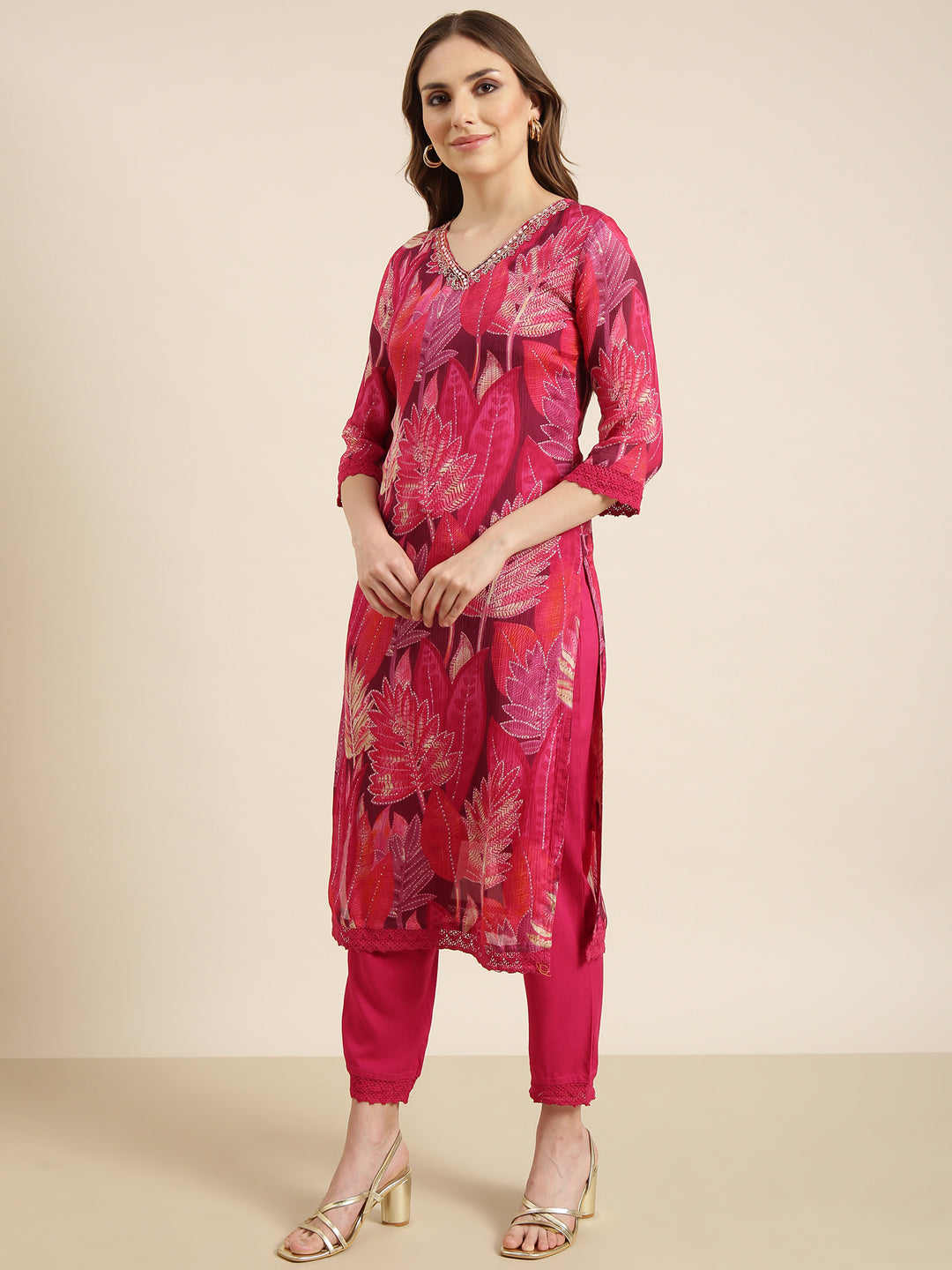 Women's Straight Pink Floral Kurta and Trousers Set Comes With Dupatta