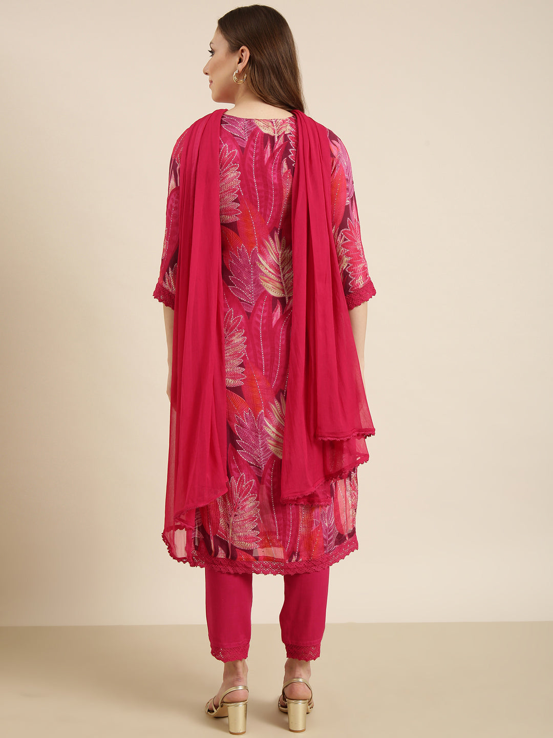 Women's Straight Pink Floral Kurta and Trousers Set Comes With Dupatta