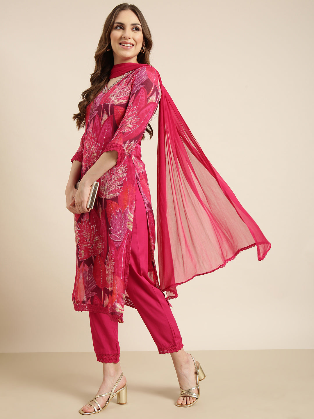 Women's Straight Pink Floral Kurta and Trousers Set Comes With Dupatta