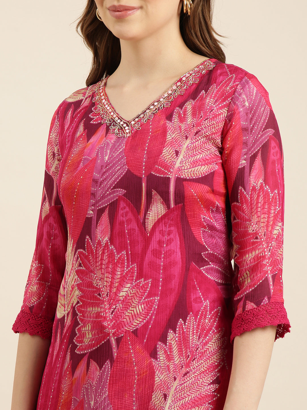 Women's Straight Pink Floral Kurta and Trousers Set Comes With Dupatta