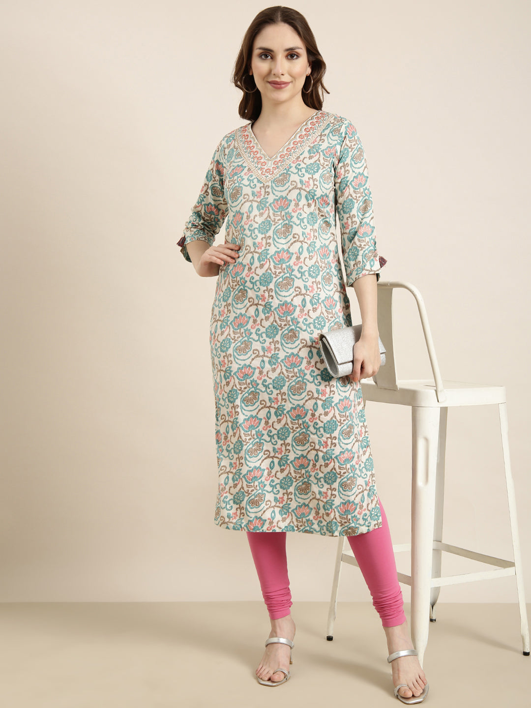 Women Straight Turquoise Blue Floral Kurta