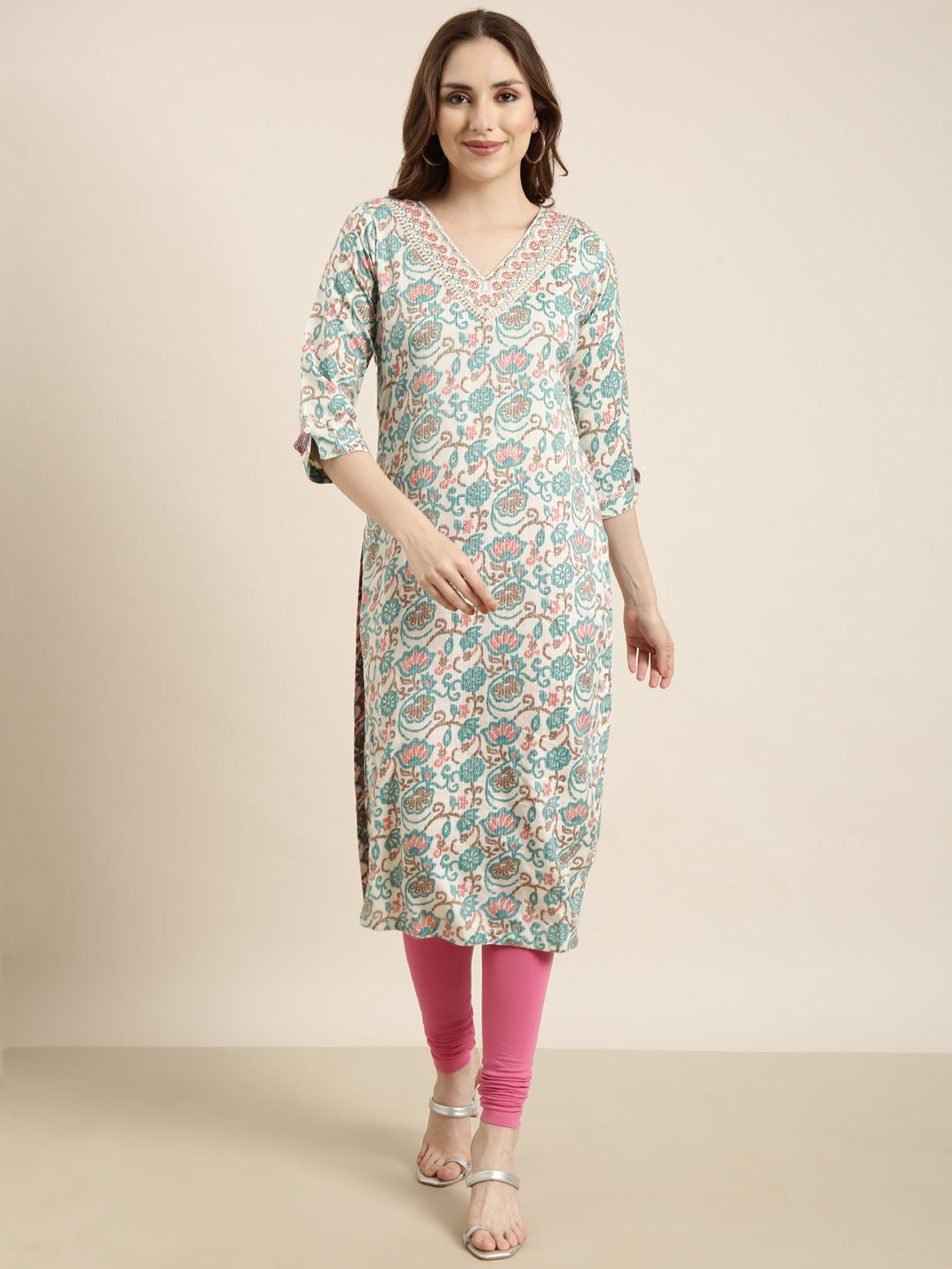 Women Straight Turquoise Blue Floral Kurta