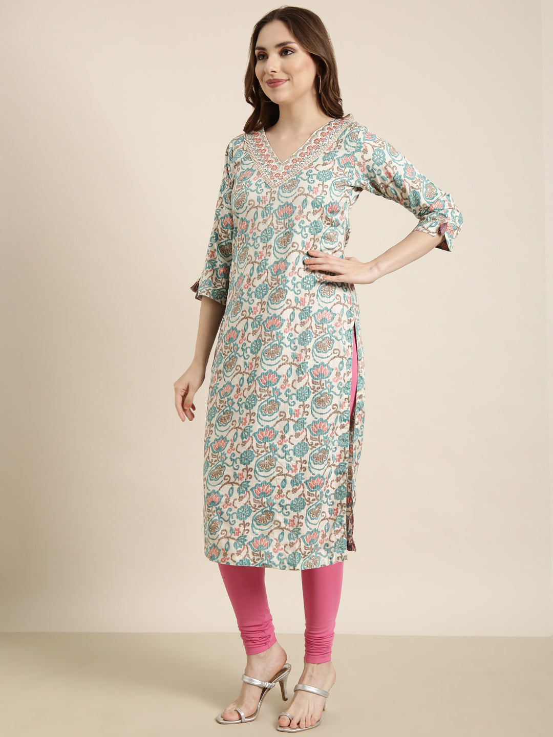 Women Straight Turquoise Blue Floral Kurta