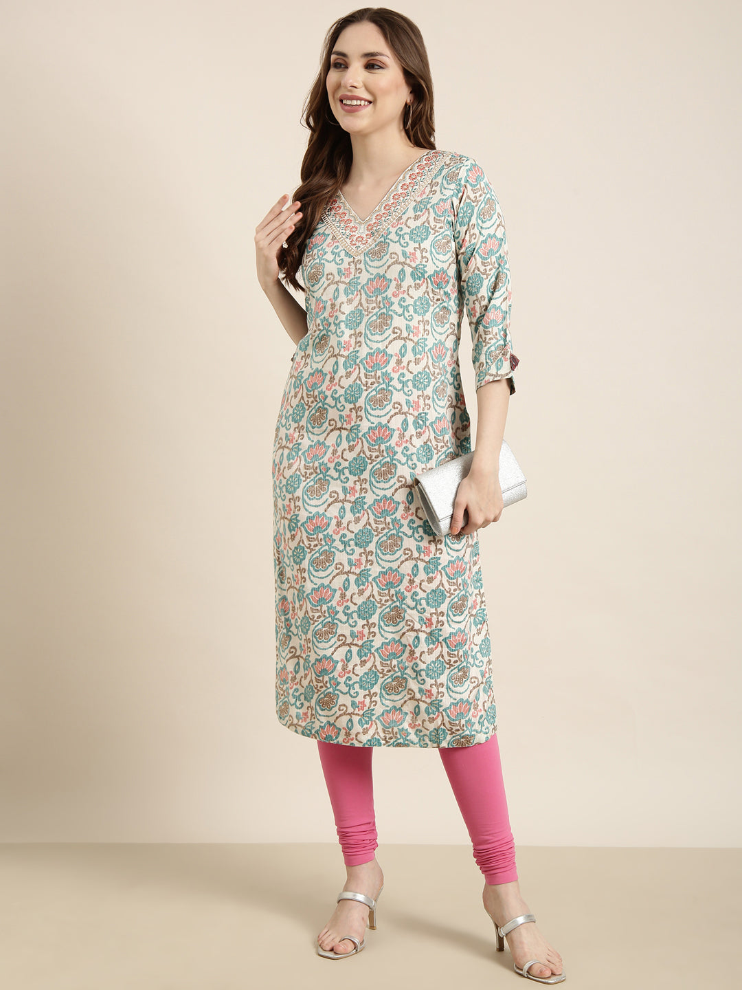 Women Straight Turquoise Blue Floral Kurta