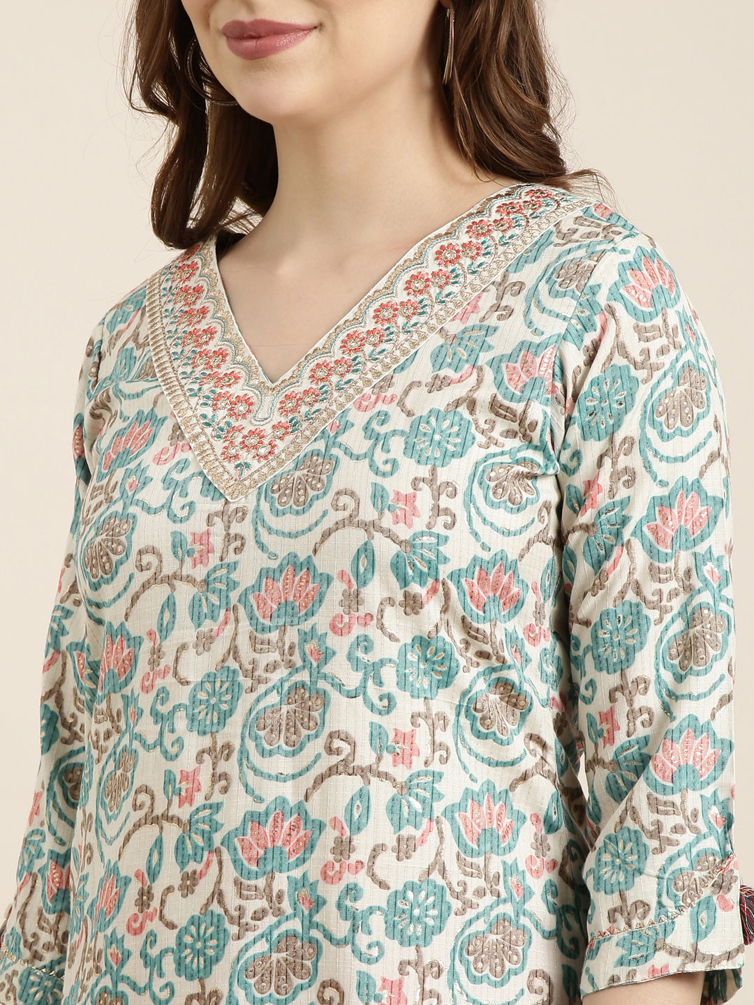 Women Straight Turquoise Blue Floral Kurta