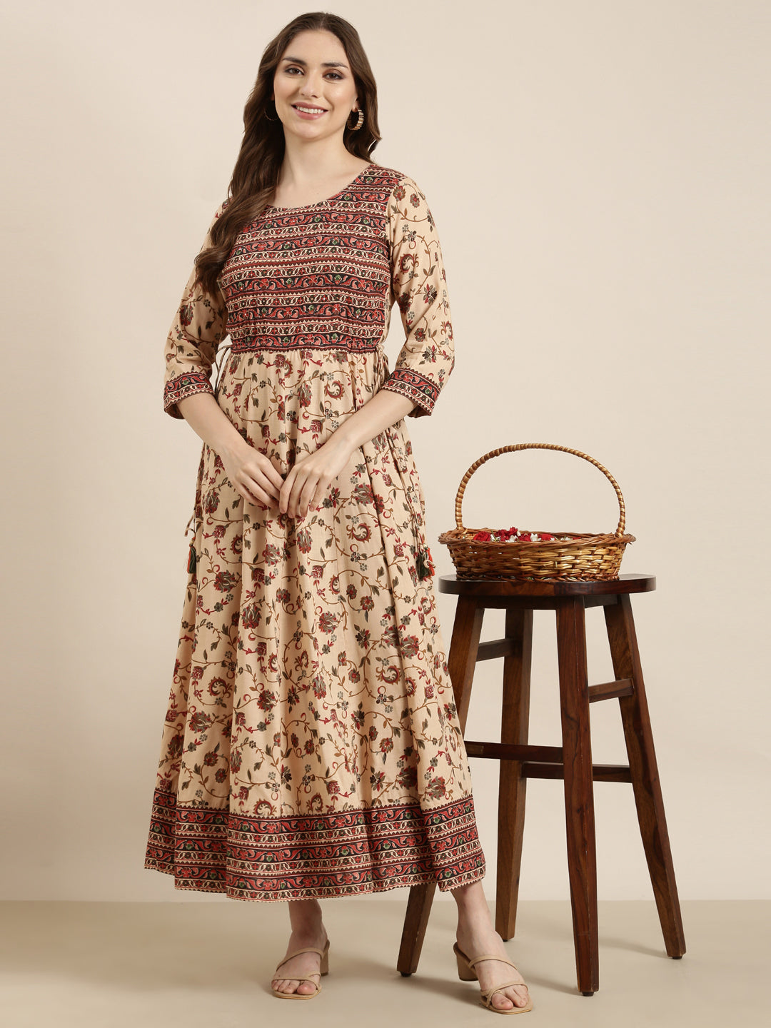 Women Anarkali Beige Floral Kurta