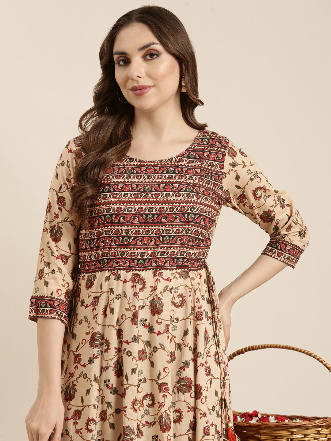 Women Anarkali Beige Floral Kurta