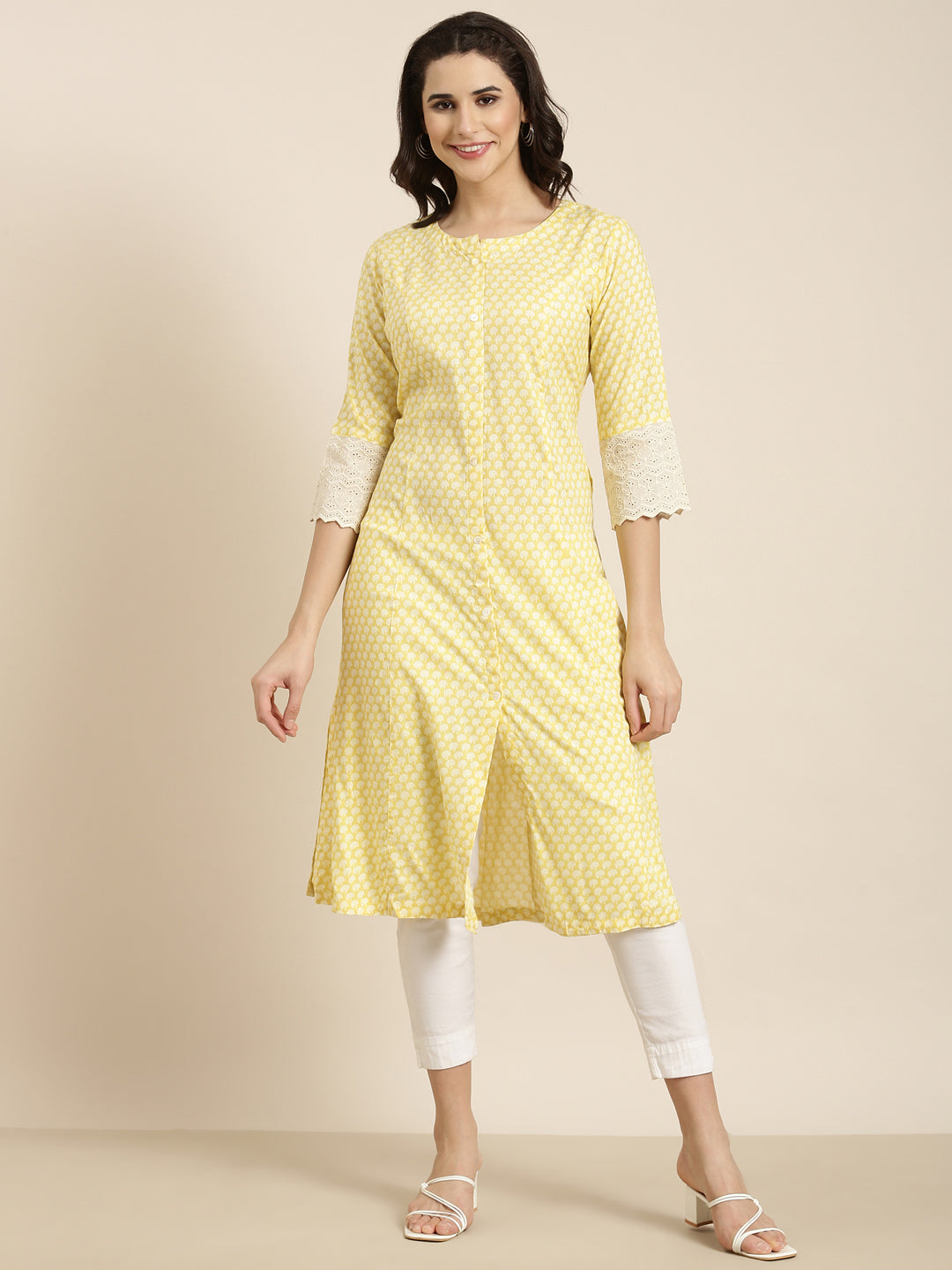 Women A-Line Yellow Abstract Kurta