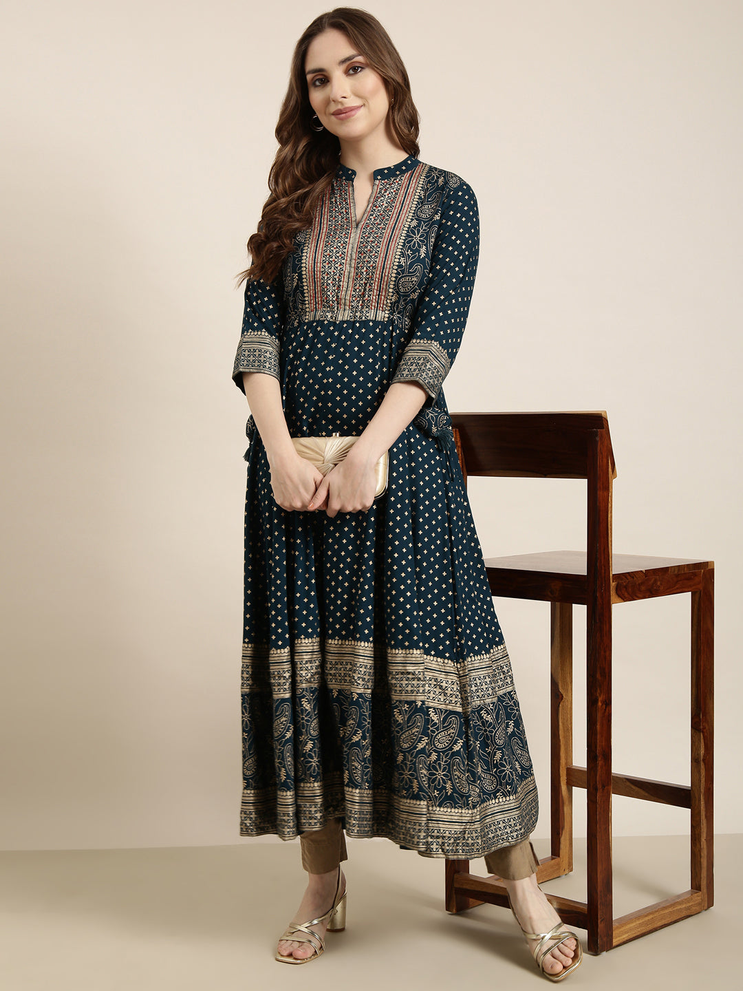 Women Anarkali Teal Floral Kurta